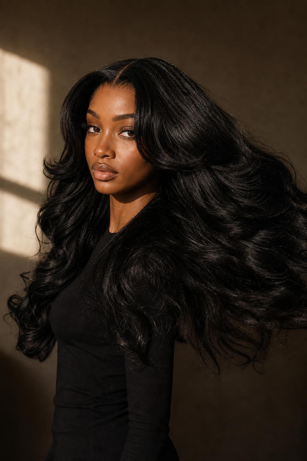 Model tossing her layered butterfly cut wig